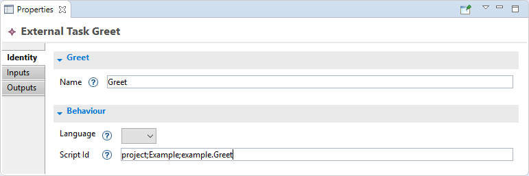 the Properties view allows to change Greet's properties